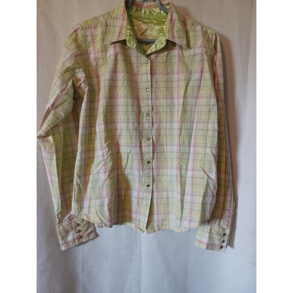 Twenty X Women's L/S plaid Pearl Snap Tailored Fit Blouse. L Pink/Yellow - Picture 1 of 8